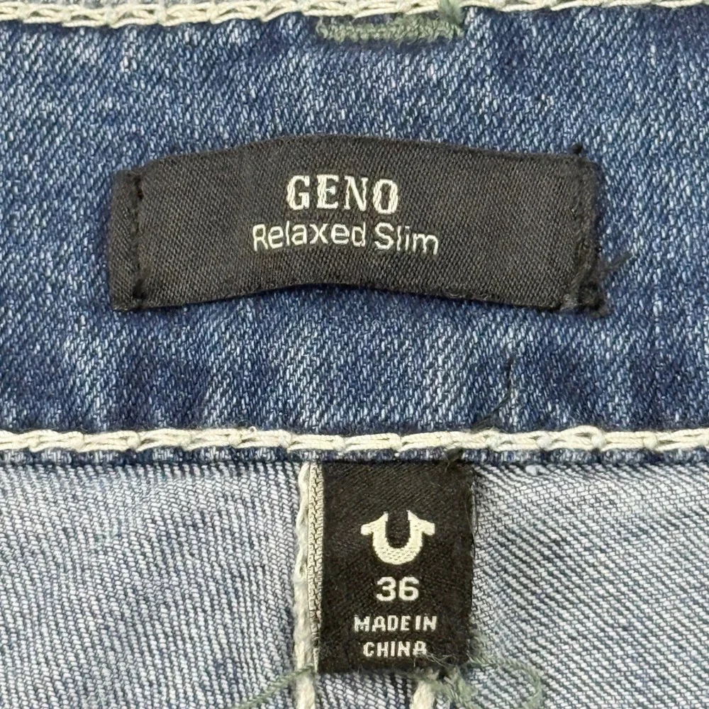 True Religion Men's Geno Big T Flap Slim Stretch Blue Denim Jeans 36x32 NWT $199